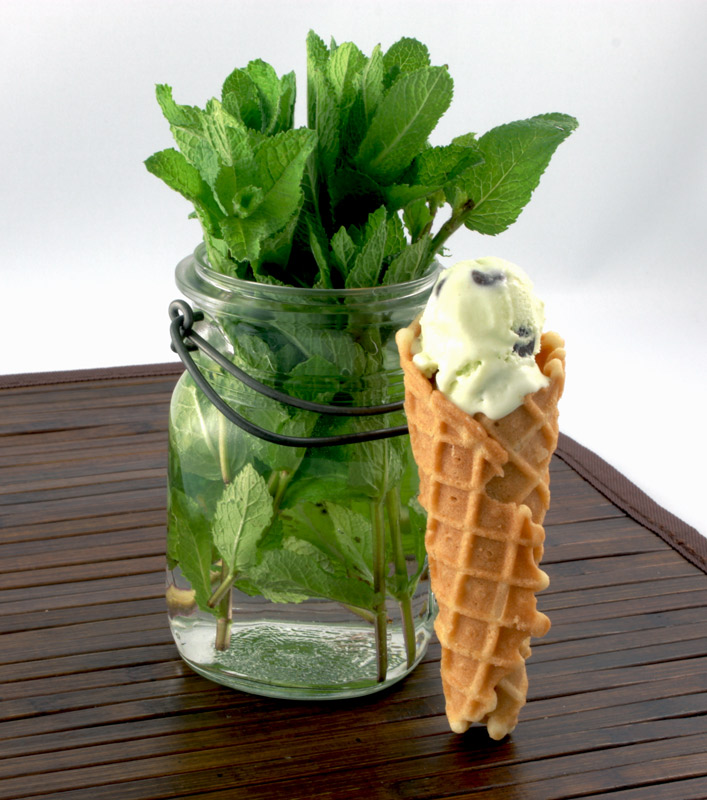 Mint Chocolate Chip Ice Cream A photo of mint chocolate chip ice cream in a waffle cone leaning against a jar of fresh mint leaves on a wooden placemat.
