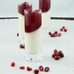 Vanilla-Coconut Panna Cotta with Pomegranate Jelly layered dessert. A photo of 3 Vanilla-Coconut Panna Cotta with Pomegranate Jelly layered desserts garnished with pomegranate seeds and served in shot glasses.
