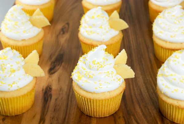 gourmet cupcakes recipe, meringue icing recipe, yellow cupcake A photo taken looking down on a tray of Beehive Cupcakes.