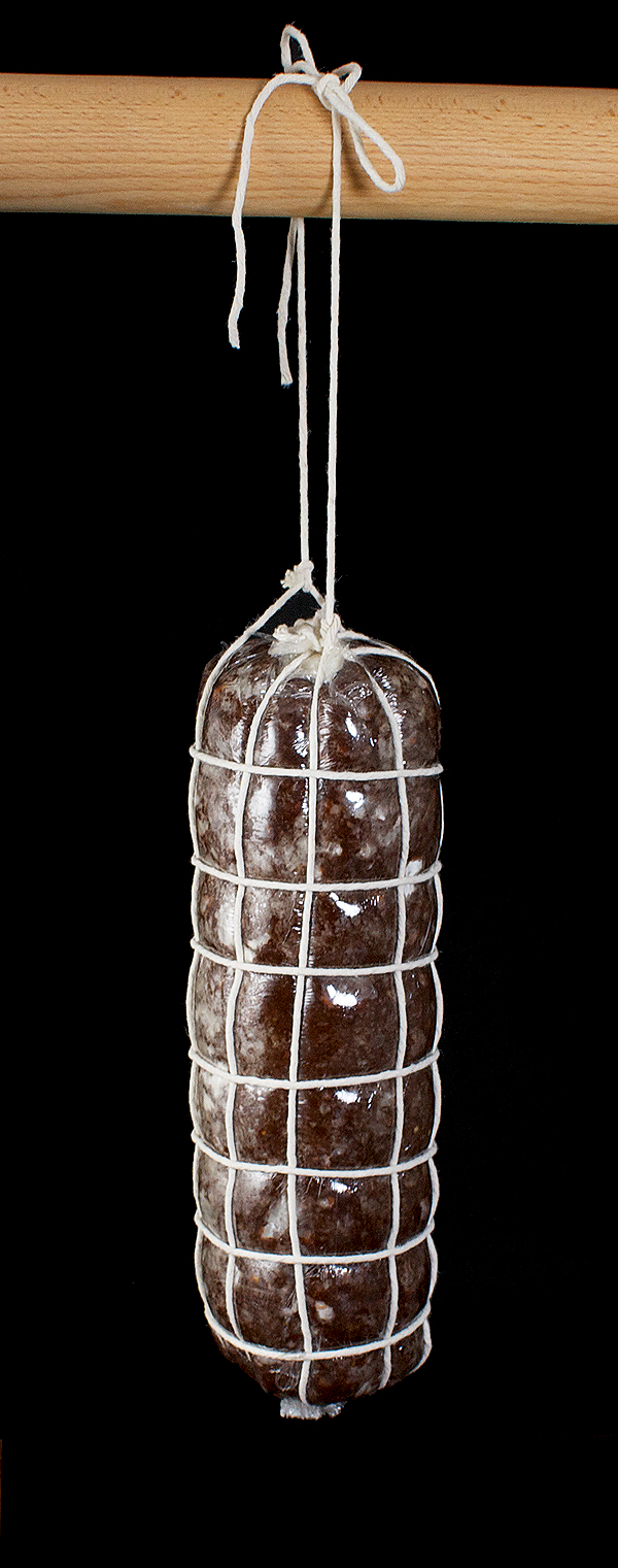 Salame al Cioccolato (Chocolate Salami) A photo of Salame al Cioccolato (Chocolate Salami) hanging and decorated to resemble Savoury Salami.