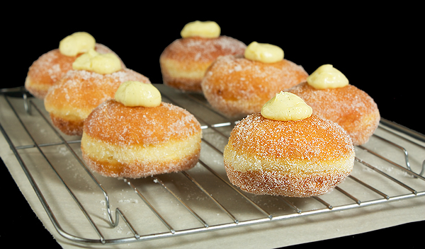 Bombolone A photo of Bomboloni, Italian Donuts rolled in sugar and filled with Crema Pasticcera.