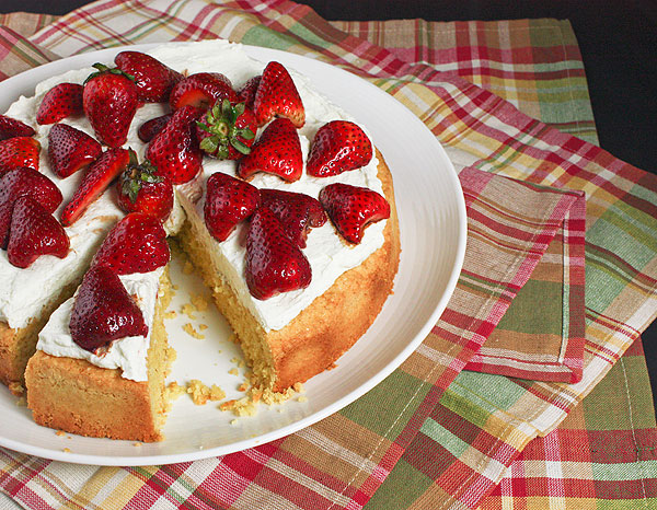 Grace's Sweet Life Coffee Cake A photo taken looking down on an Italian Coffee Cake, Polenta Cake with Mascarpone Cream and Balsamic Strawberries.