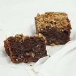 A close up photo of Chocolate Banana Bread with two cut slices exposing interior.
